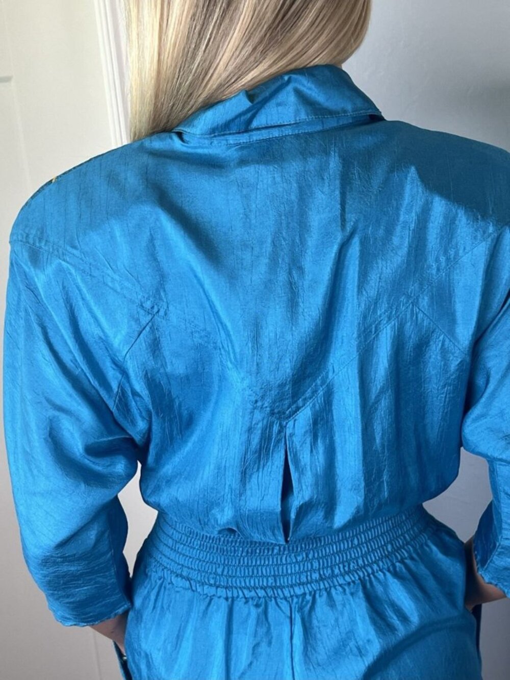 Vintage 80s Joan Walters Turquoise Art Deco Jumpsuit Smocked Zip Front Sz 6 - Picture 6 of 9
